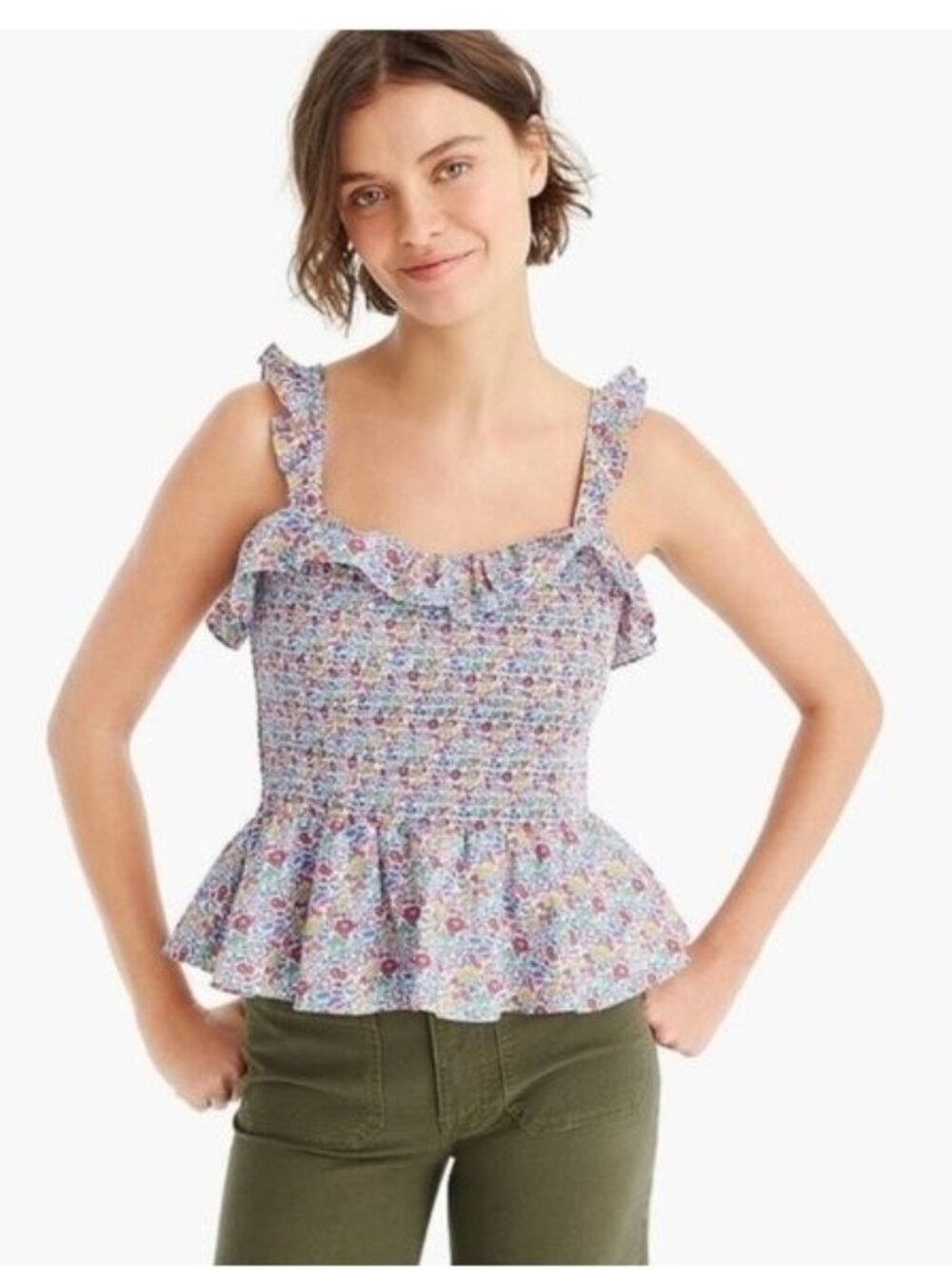 🛍 J.Crew Liberty of London Ruffled Smocked Peplum Tank Top Blue Floral Size XL